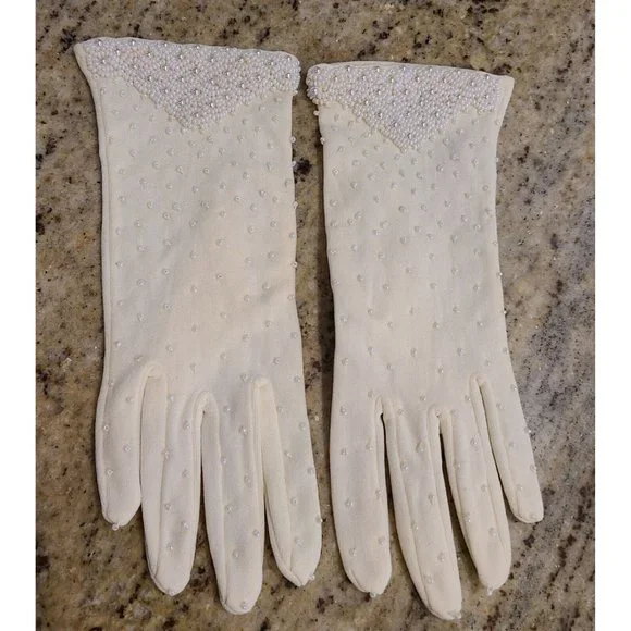 New? Vintage One Size Fits Cream Stretch Nylon Formal 8" Gloves Silver Tone Bead - Picture 1 of 16